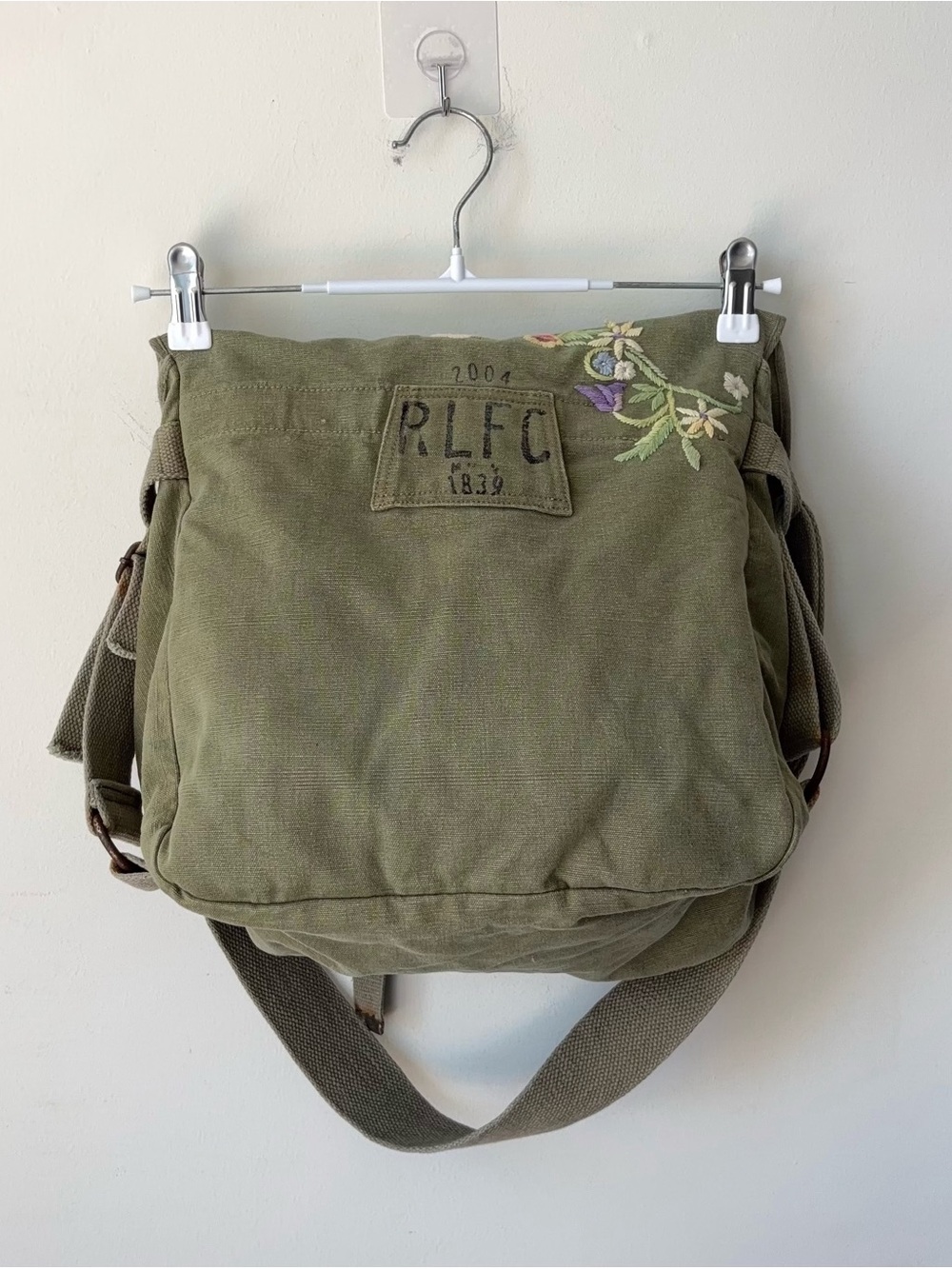 Ralph Lauren Rugby Embroidered Floral Green Canvas Crossbody Messenger Bag - Picture 10 of 15